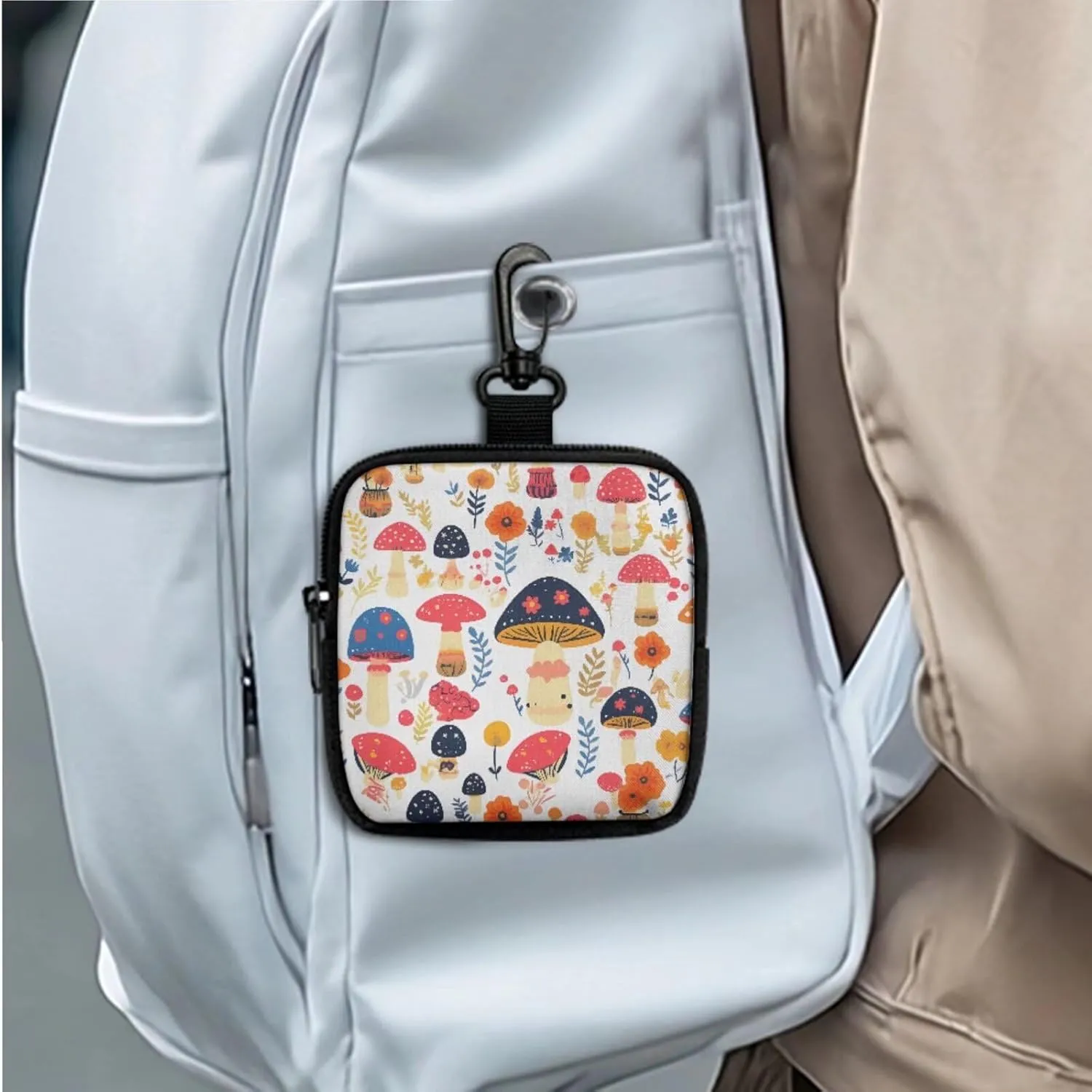 Colorful Mushrooms Mini Zip Around Wallet with Keychain, Mushroom Flowers Print Pouch Tactical Coin Purse Compact Coin Pouch with Clip