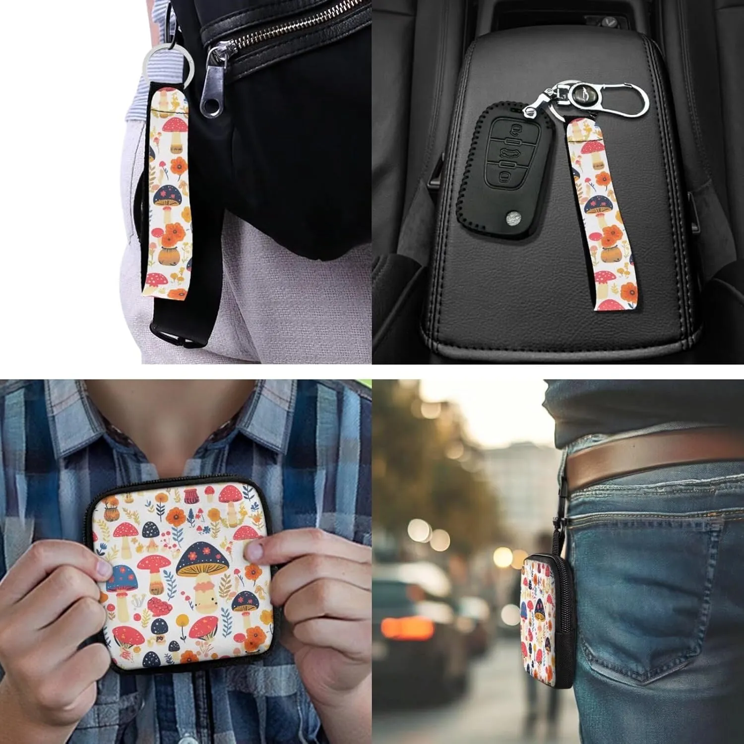 Colorful Mushrooms Mini Zip Around Wallet with Keychain, Mushroom Flowers Print Pouch Tactical Coin Purse Compact Coin Pouch with Clip