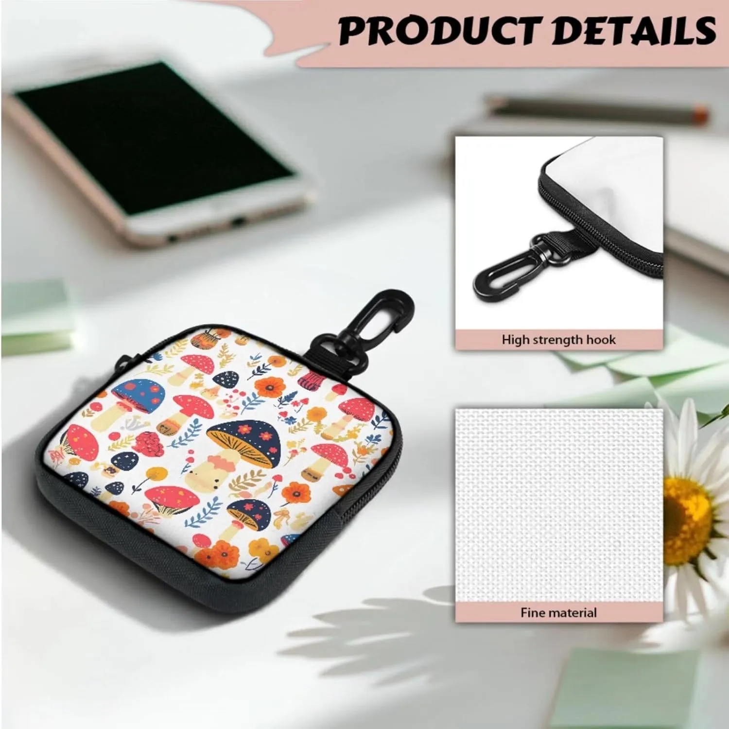 Colorful Mushrooms Mini Zip Around Wallet with Keychain, Mushroom Flowers Print Pouch Tactical Coin Purse Compact Coin Pouch with Clip