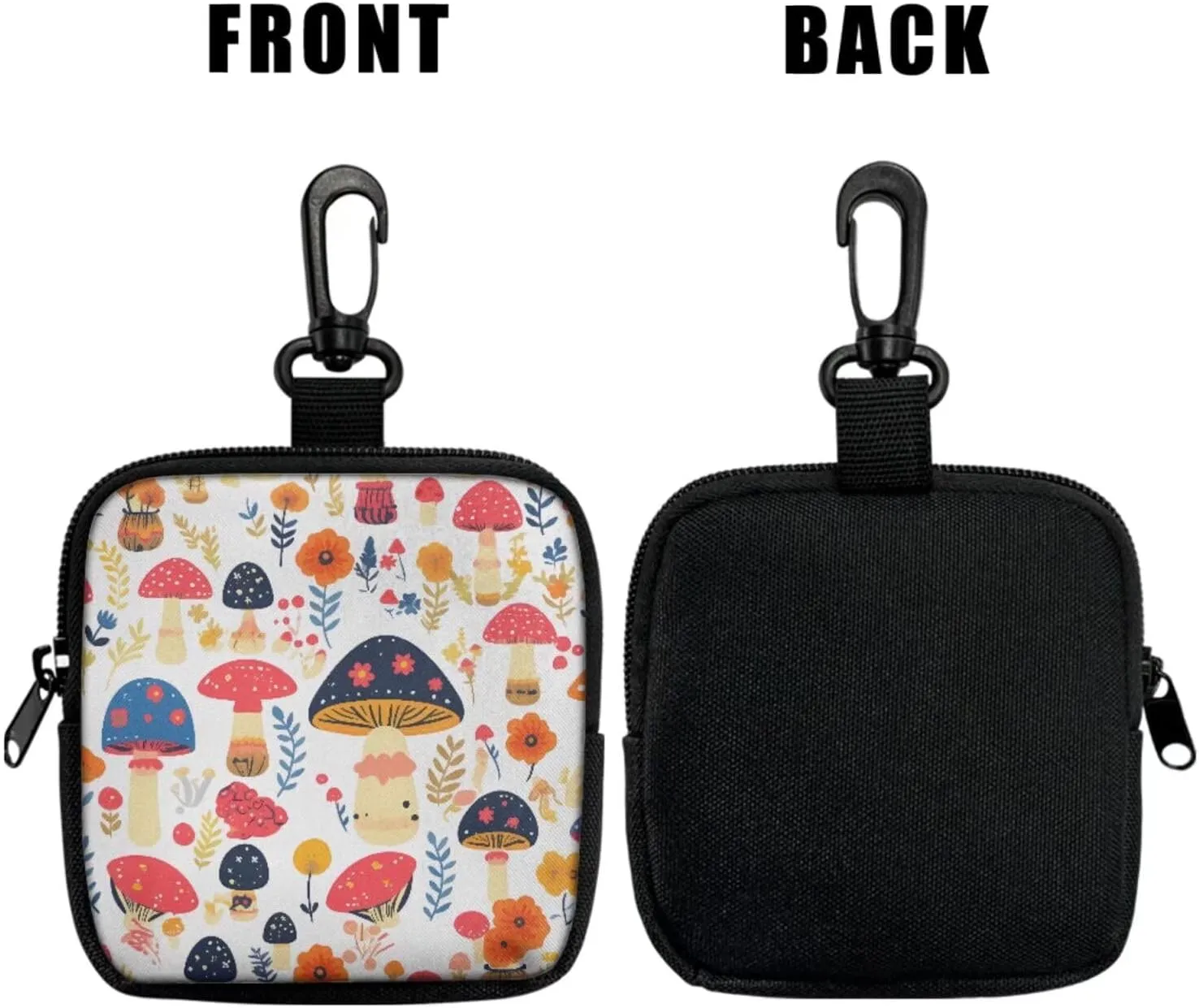 Colorful Mushrooms Mini Zip Around Wallet with Keychain, Mushroom Flowers Print Pouch Tactical Coin Purse Compact Coin Pouch with Clip