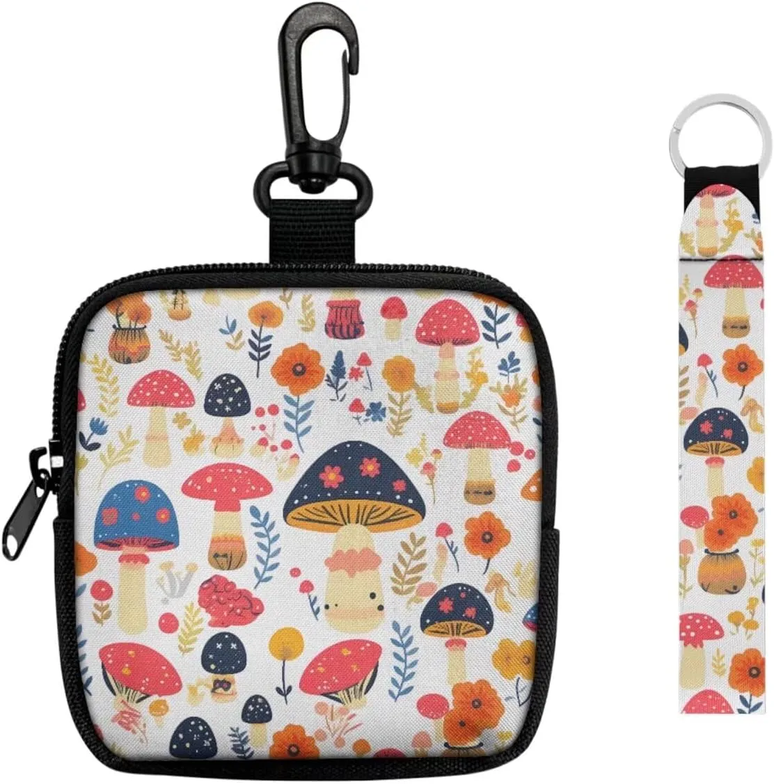 Colorful Mushrooms Mini Zip Around Wallet with Keychain, Mushroom Flowers Print Pouch Tactical Coin Purse Compact Coin Pouch with Clip