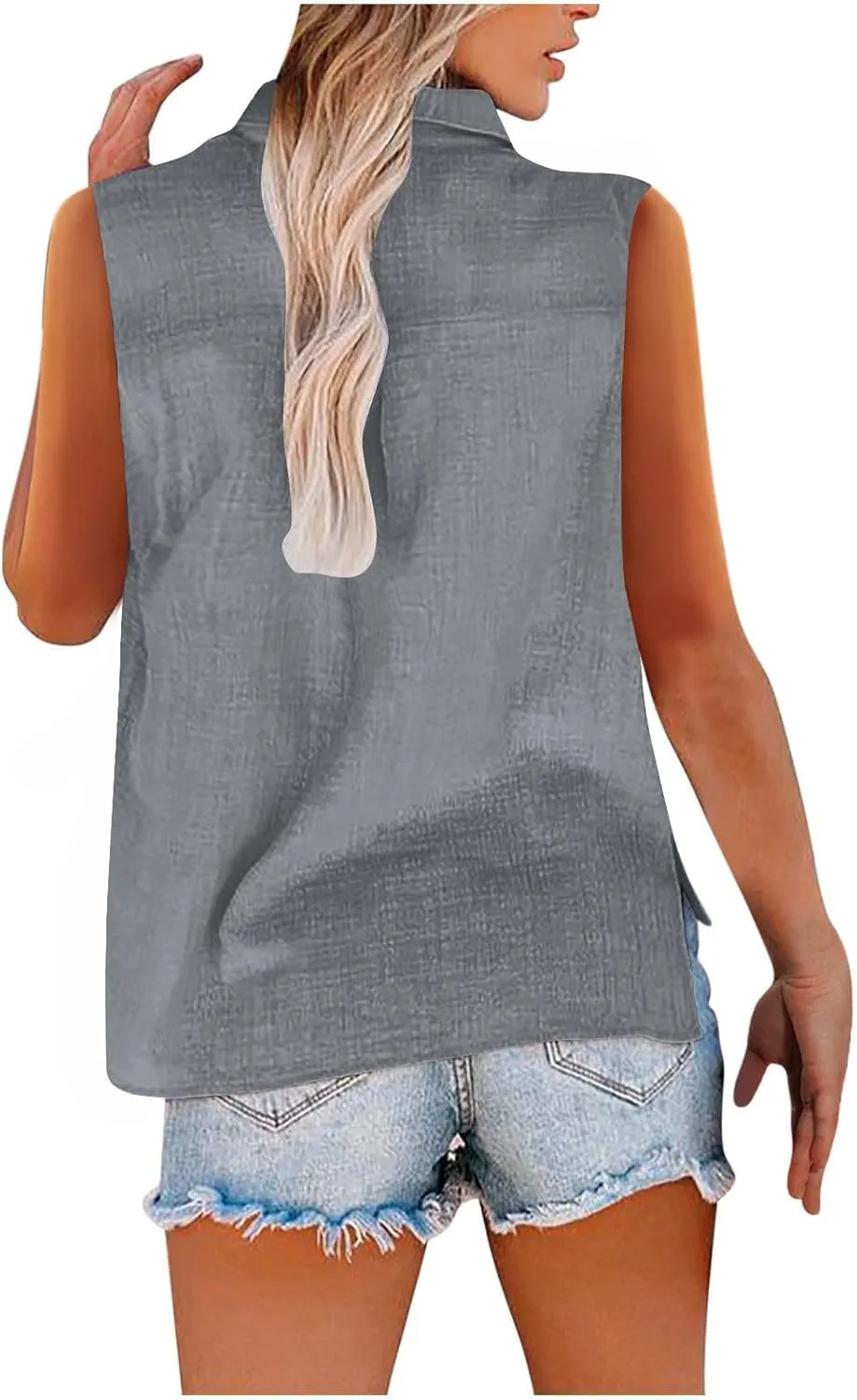 Cotton Linen Shirts for Women Sleeveless Collared Tops Oversized Button Up Blouses Work Shirts Casual Summer Tshirt