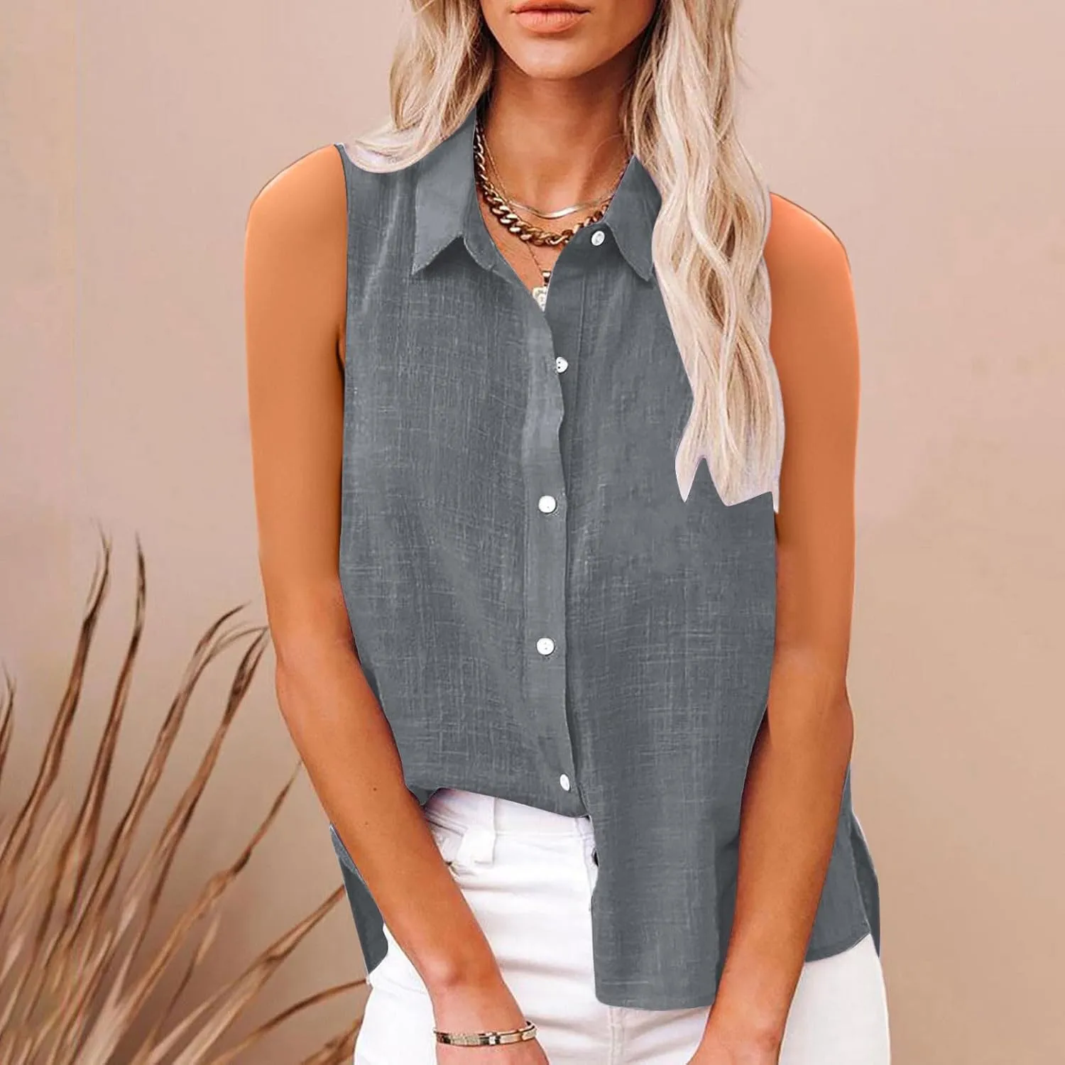 Cotton Linen Shirts for Women Sleeveless Collared Tops Oversized Button Up Blouses Work Shirts Casual Summer Tshirt