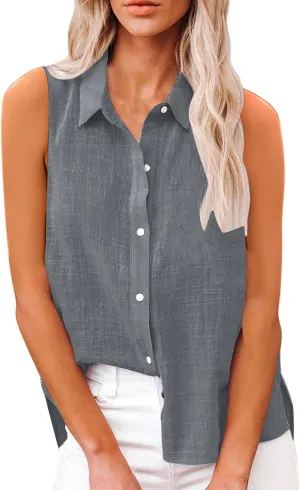 Cotton Linen Shirts for Women Sleeveless Collared Tops Oversized Button Up Blouses Work Shirts Casual Summer Tshirt