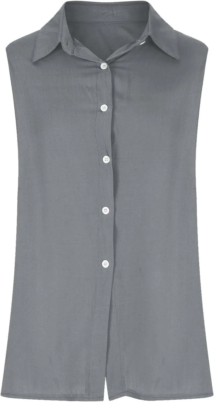 Cotton Linen Shirts for Women Sleeveless Collared Tops Oversized Button Up Blouses Work Shirts Casual Summer Tshirt
