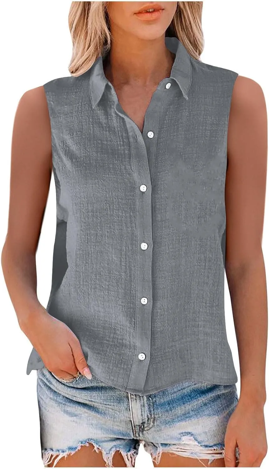 Cotton Linen Shirts for Women Sleeveless Collared Tops Oversized Button Up Blouses Work Shirts Casual Summer Tshirt