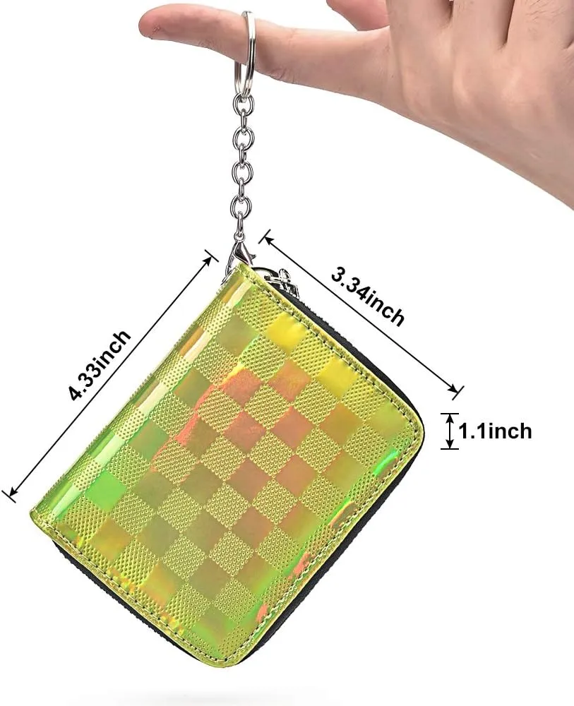 Credit Card Holder For Women, Rfid Blocking Small Compact Bifold Credit Card Wallet With Zip Close, ID Card Holder With Key Chain, Waterproof Purse For Cards, Cash, Travel (Grid Lime Green)