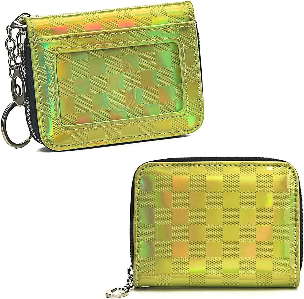 Credit Card Holder For Women, Rfid Blocking Small Compact Bifold Credit Card Wallet With Zip Close, ID Card Holder With Key Chain, Waterproof Purse For Cards, Cash, Travel (Grid Lime Green)
