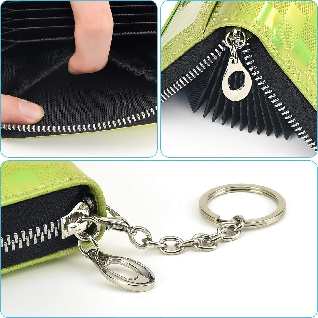 Credit Card Holder For Women, Rfid Blocking Small Compact Bifold Credit Card Wallet With Zip Close, ID Card Holder With Key Chain, Waterproof Purse For Cards, Cash, Travel (Grid Lime Green)