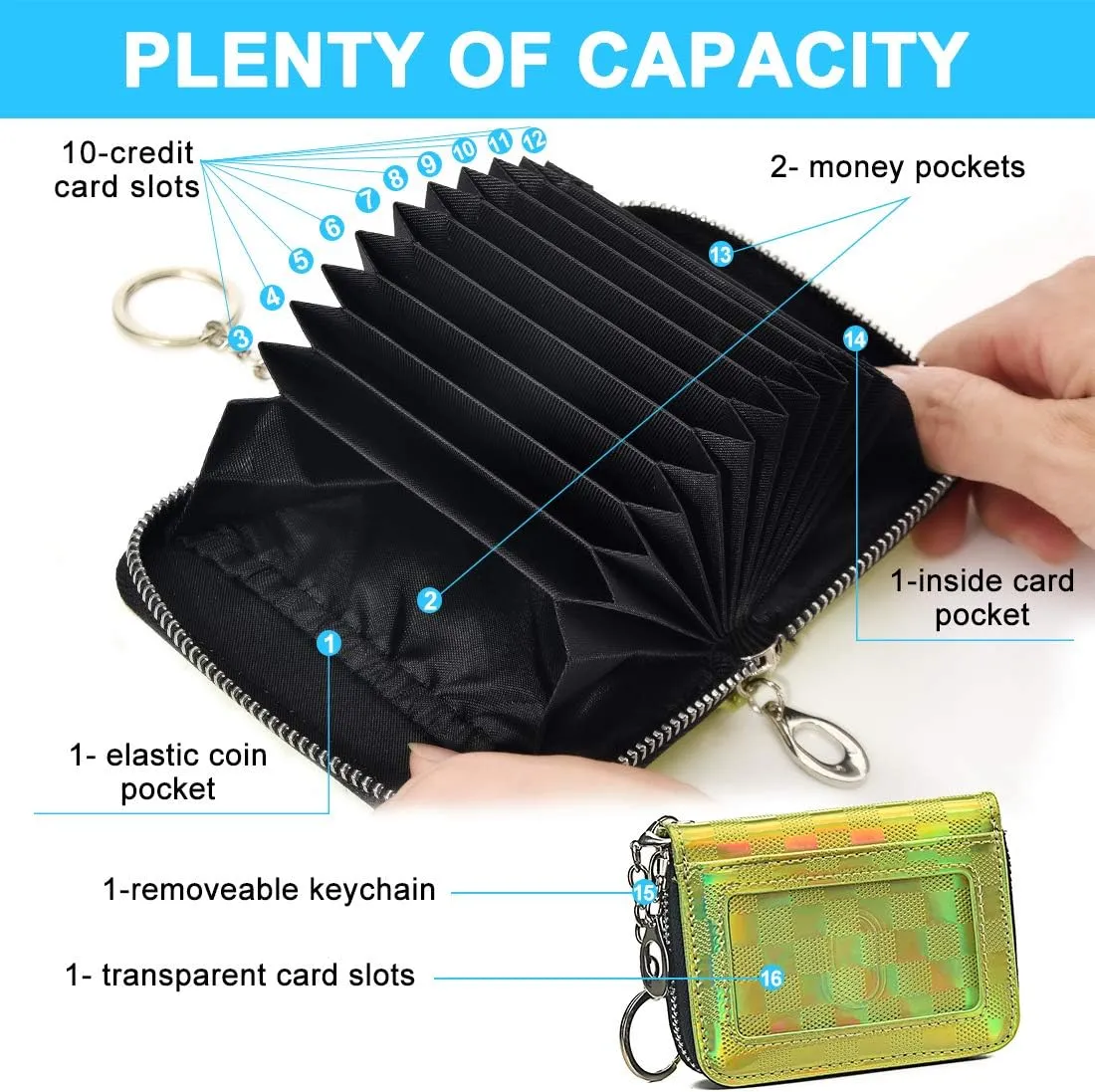 Credit Card Holder For Women, Rfid Blocking Small Compact Bifold Credit Card Wallet With Zip Close, ID Card Holder With Key Chain, Waterproof Purse For Cards, Cash, Travel (Grid Lime Green)