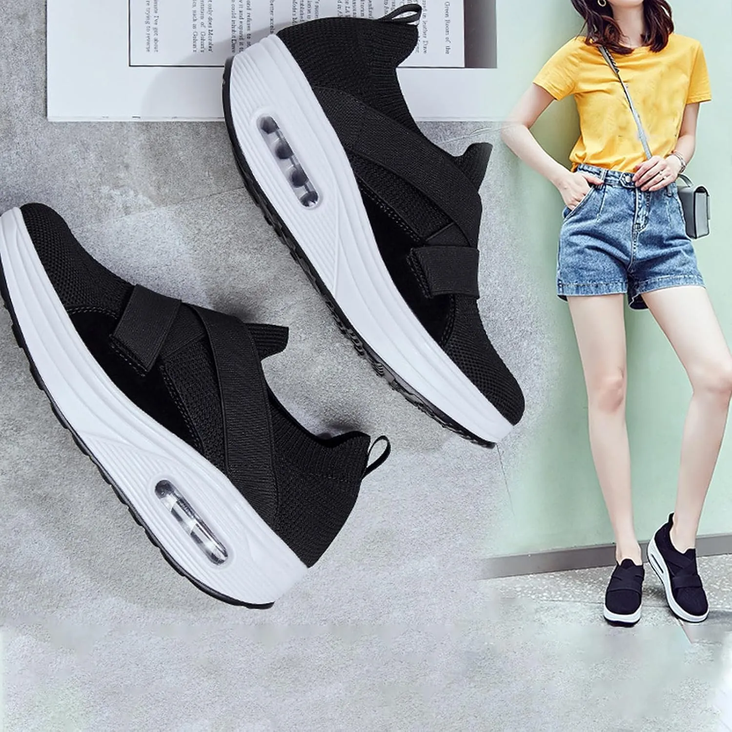 CROSSBABY Women Mesh Air Cushion Orthopedic Diabetic Walking Shoes Slip-on Platform Sneakers Breathable Lightweight with Arch Support Wedge Rocker Shoes