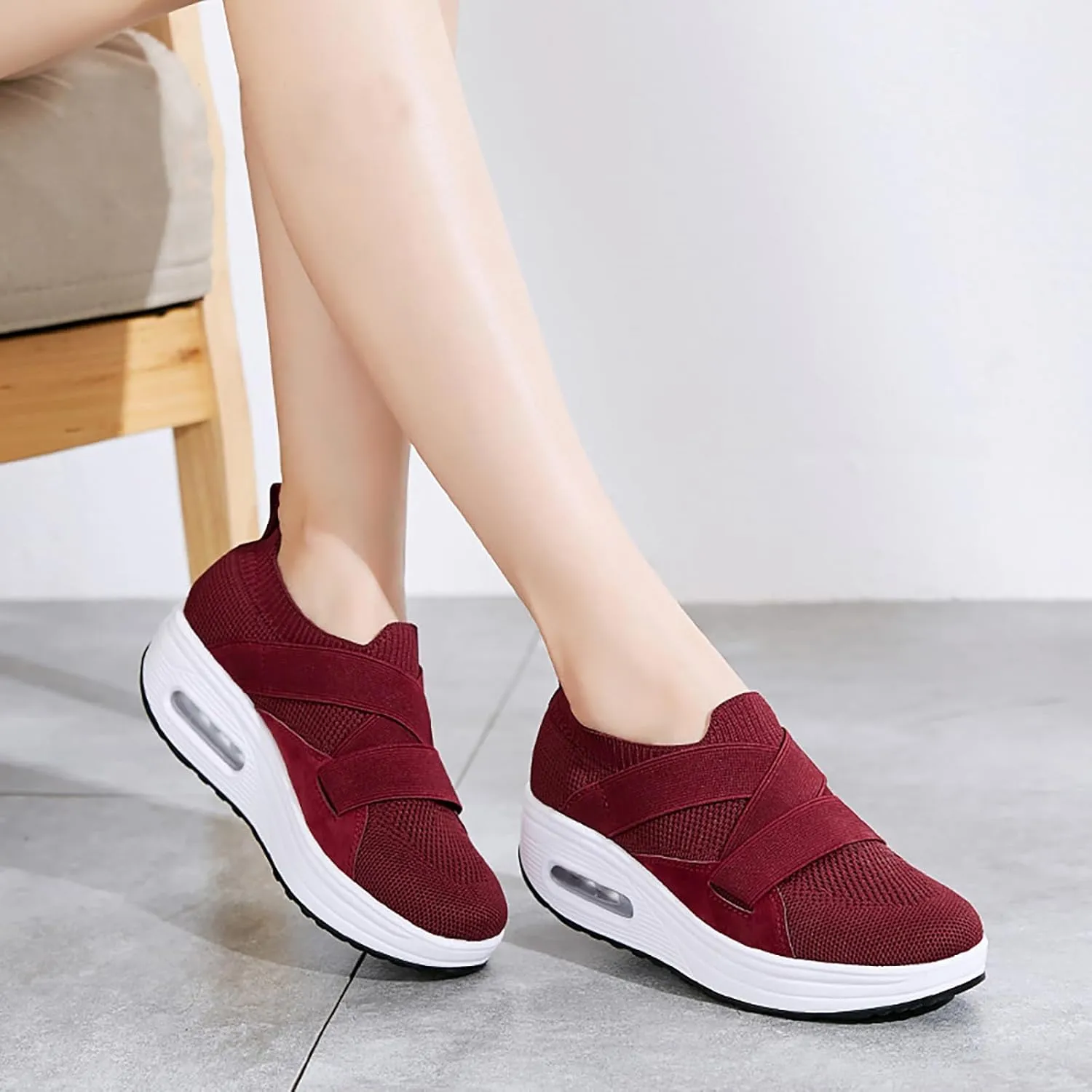 CROSSBABY Women Mesh Air Cushion Orthopedic Diabetic Walking Shoes Slip-on Platform Sneakers Breathable Lightweight with Arch Support Wedge Rocker Shoes