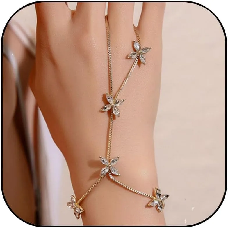 Crystal Hand Chain Bracelets for Women Rhinestone Finger Ring Bracelets 14k Gold Butterfly Hand Chain Bracelet Adjustable CZ Chain Bracelets Trendy Jewelry for Women