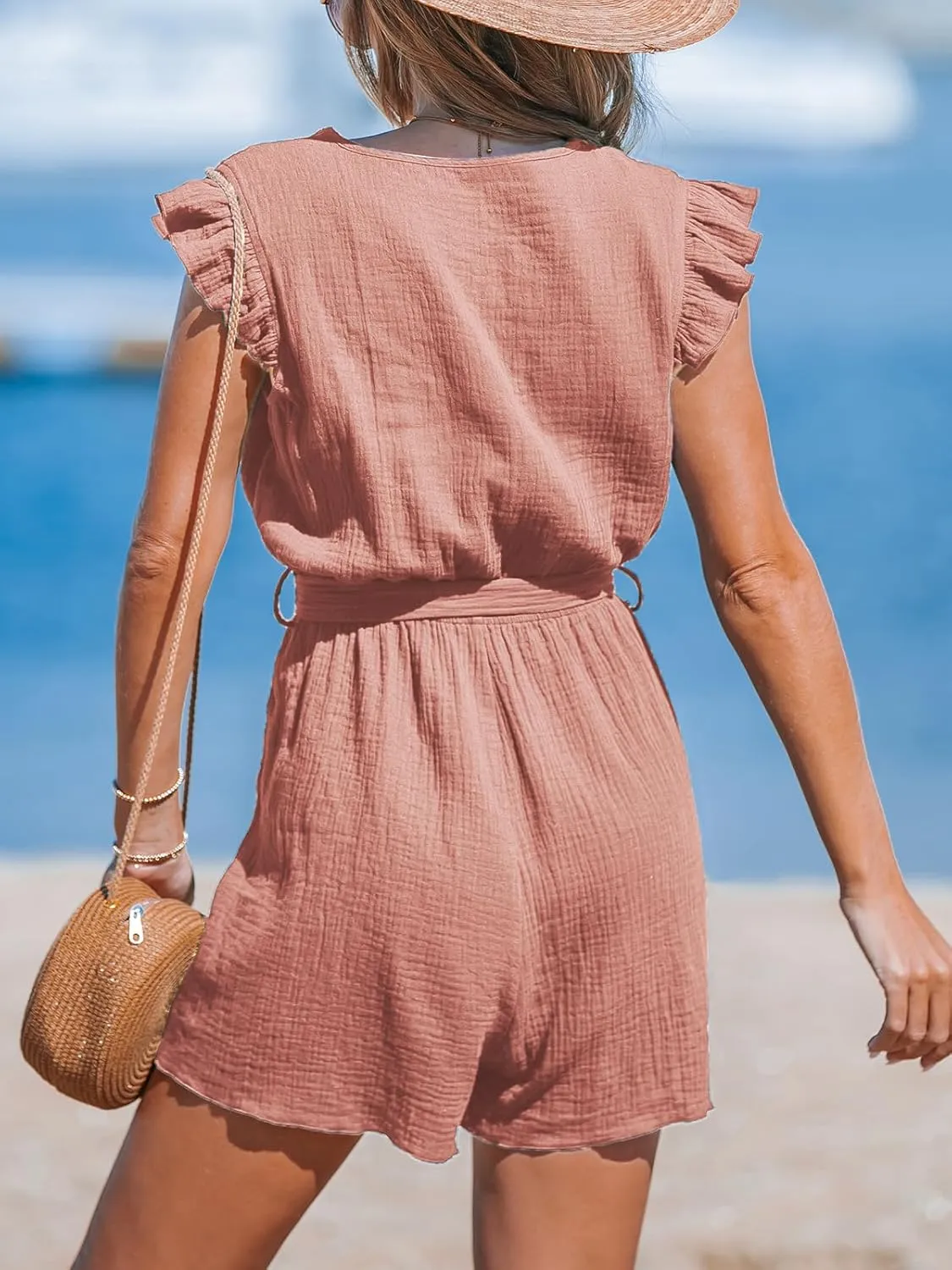 CUPSHE Women's Rompers V Neck Flutter Sleeve Wide Leg Overall Waist Tie Outfit Casual Beach