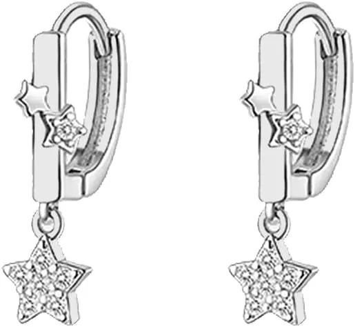 Cute Cartilage CZ Star 925 Sterling Silver Tiny Mini Hoop Earrings for Women Teen Little Crystal Charm Sleeper Huggie Small Hoops Hypoallergenic Hooped Fashion Jewelry Christmas Birthday Gifts Daughter