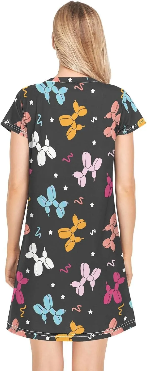 Cute Dog Balloon Cartoon Nightgowns for Women Short Sleeve Sleepshirt Dress Sleepwear Pajama Dress