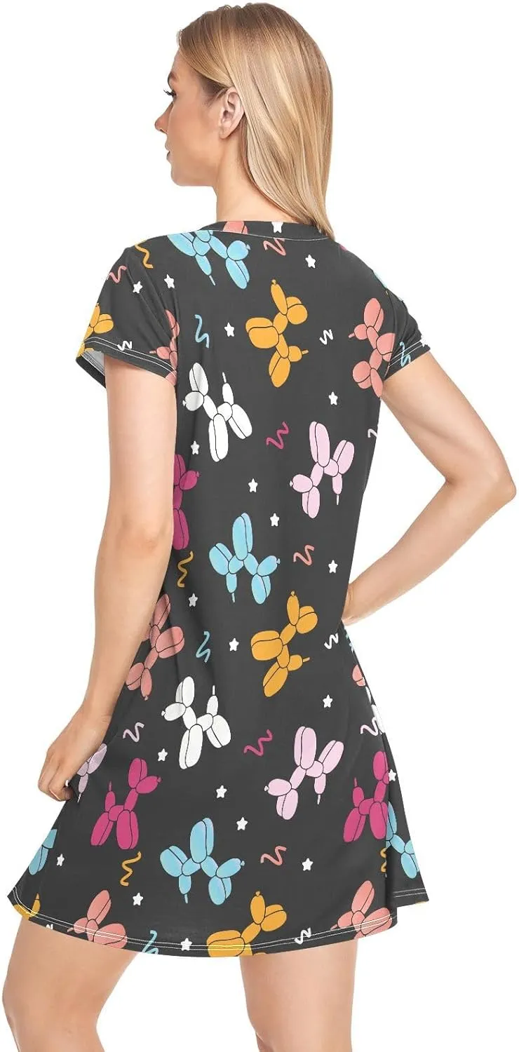 Cute Dog Balloon Cartoon Nightgowns for Women Short Sleeve Sleepshirt Dress Sleepwear Pajama Dress