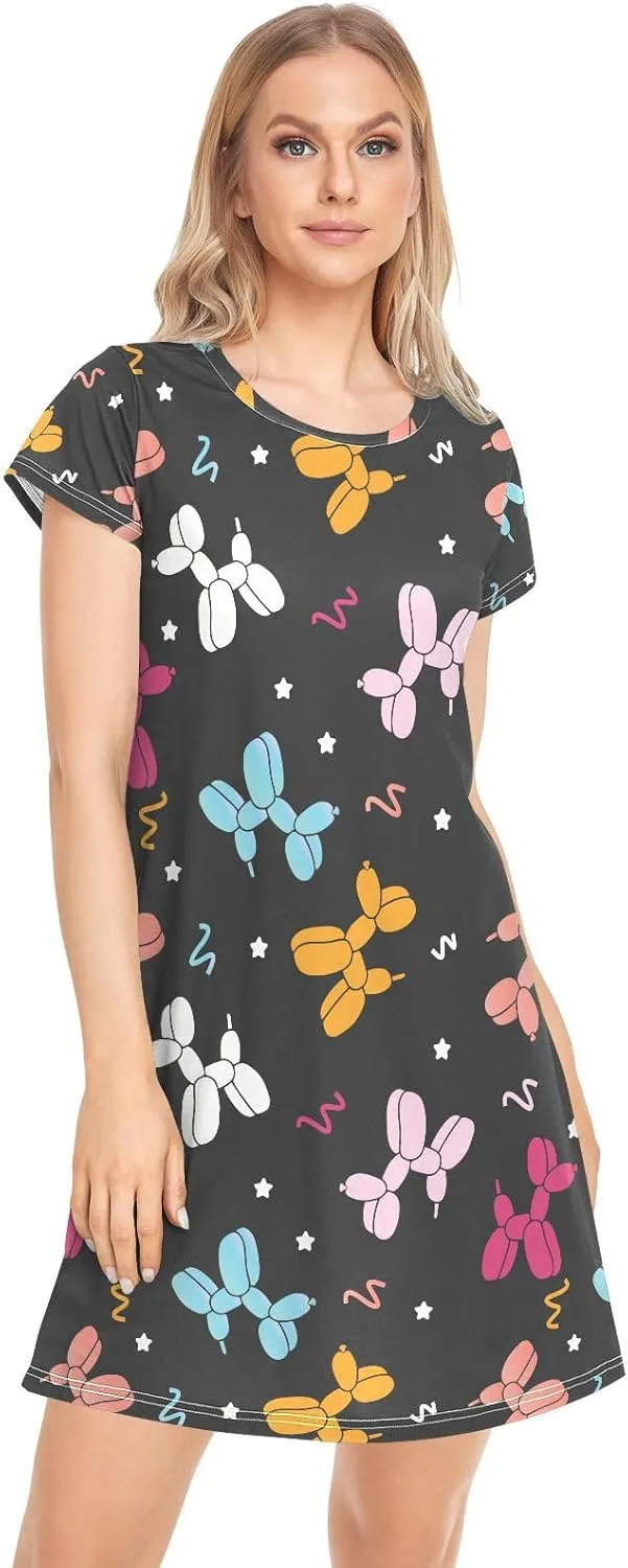 Cute Dog Balloon Cartoon Nightgowns for Women Short Sleeve Sleepshirt Dress Sleepwear Pajama Dress