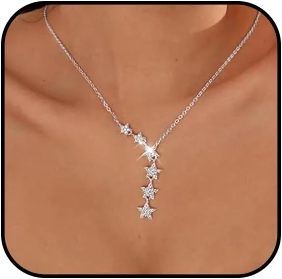 Dainty Crystal Star Necklace for Women Silver Lariat Star Pendant Necklace Adjustable Gold CZ Star Charm Necklace Shining Exquisite Star Y Necklace Delicate Statement Jewelry