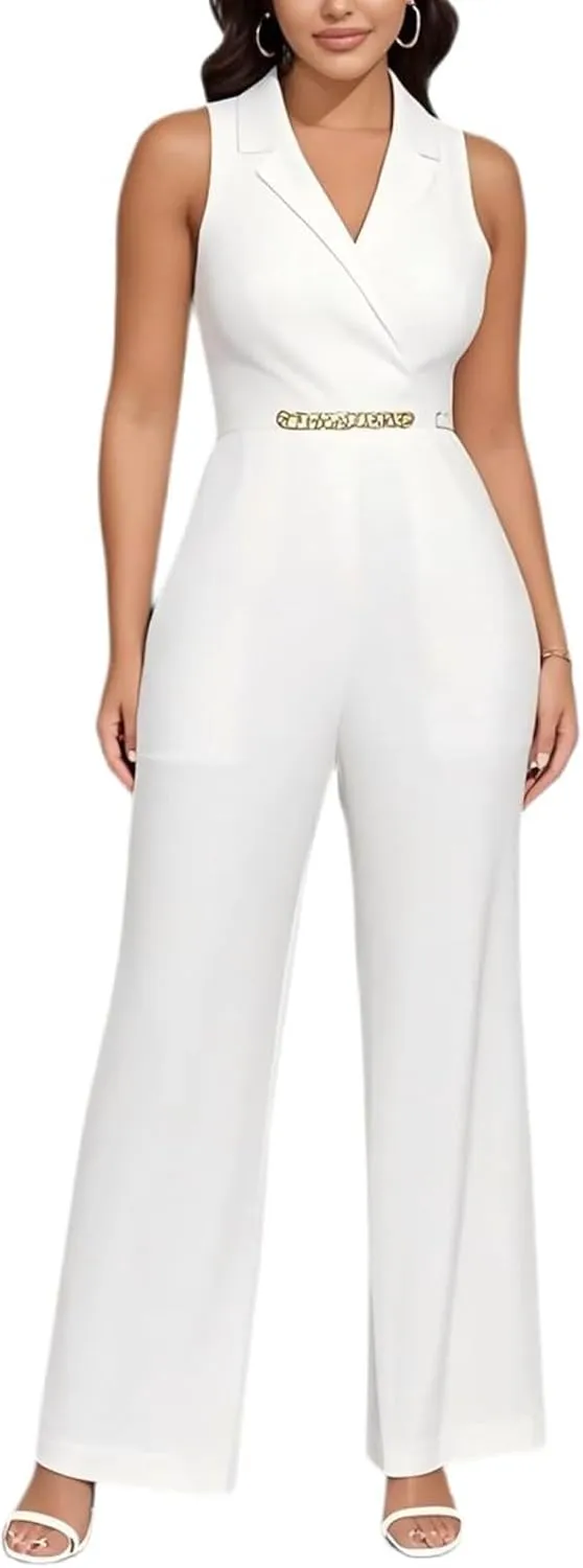 DeftSharp 2025 Women's Sexy Cocktail Party Clubwear Casual Working Rompers Club Back Zip Belt Long Jumpsuit