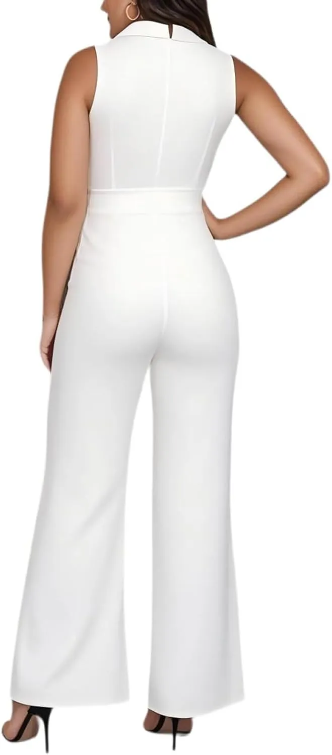 DeftSharp 2025 Women's Sexy Cocktail Party Clubwear Casual Working Rompers Club Back Zip Belt Long Jumpsuit