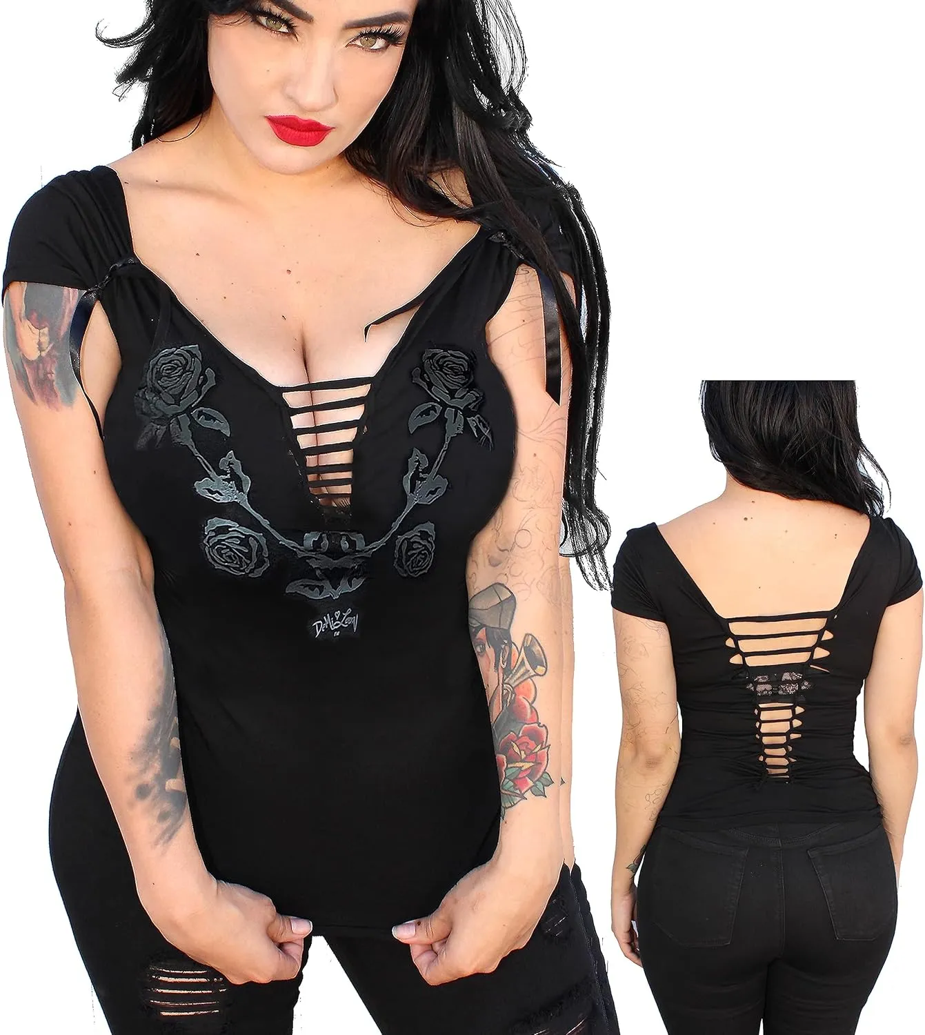 Demi Loon Sexy Biker Babe Tee Slashed Cut Out Angel Wings Skull Tattoo Shirt Ladies Motorcycle T-Shirt