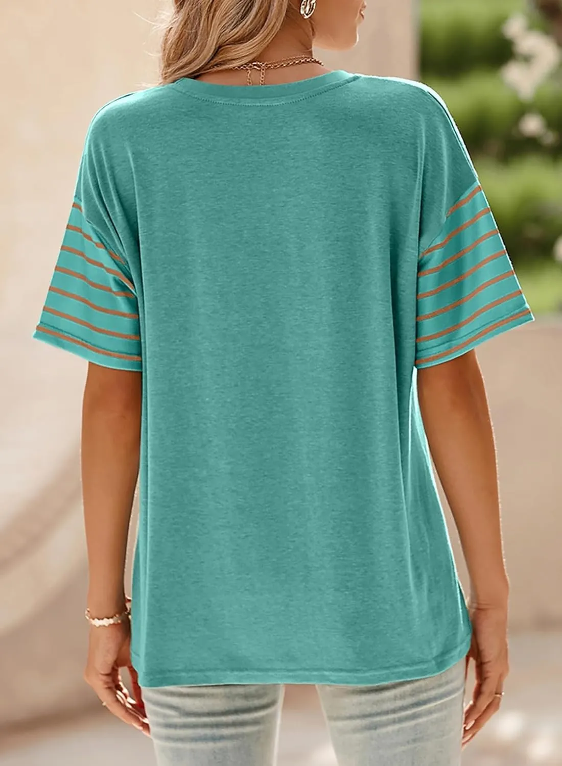 Dokotoo Summer Tops Trendy Oversized 2025 Crewneck Casual Color Block Striped Womens Shirts Blouses