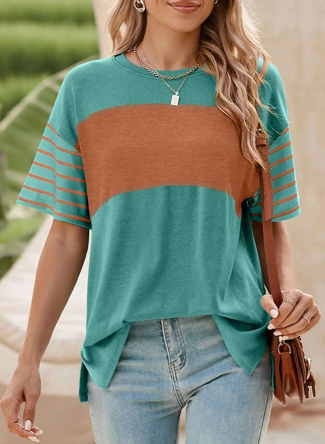 Dokotoo Summer Tops Trendy Oversized 2025 Crewneck Casual Color Block Striped Womens Shirts Blouses