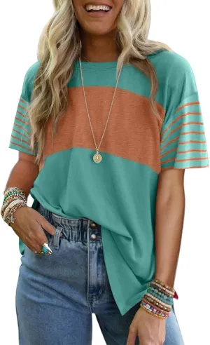 Dokotoo Summer Tops Trendy Oversized 2025 Crewneck Casual Color Block Striped Womens Shirts Blouses