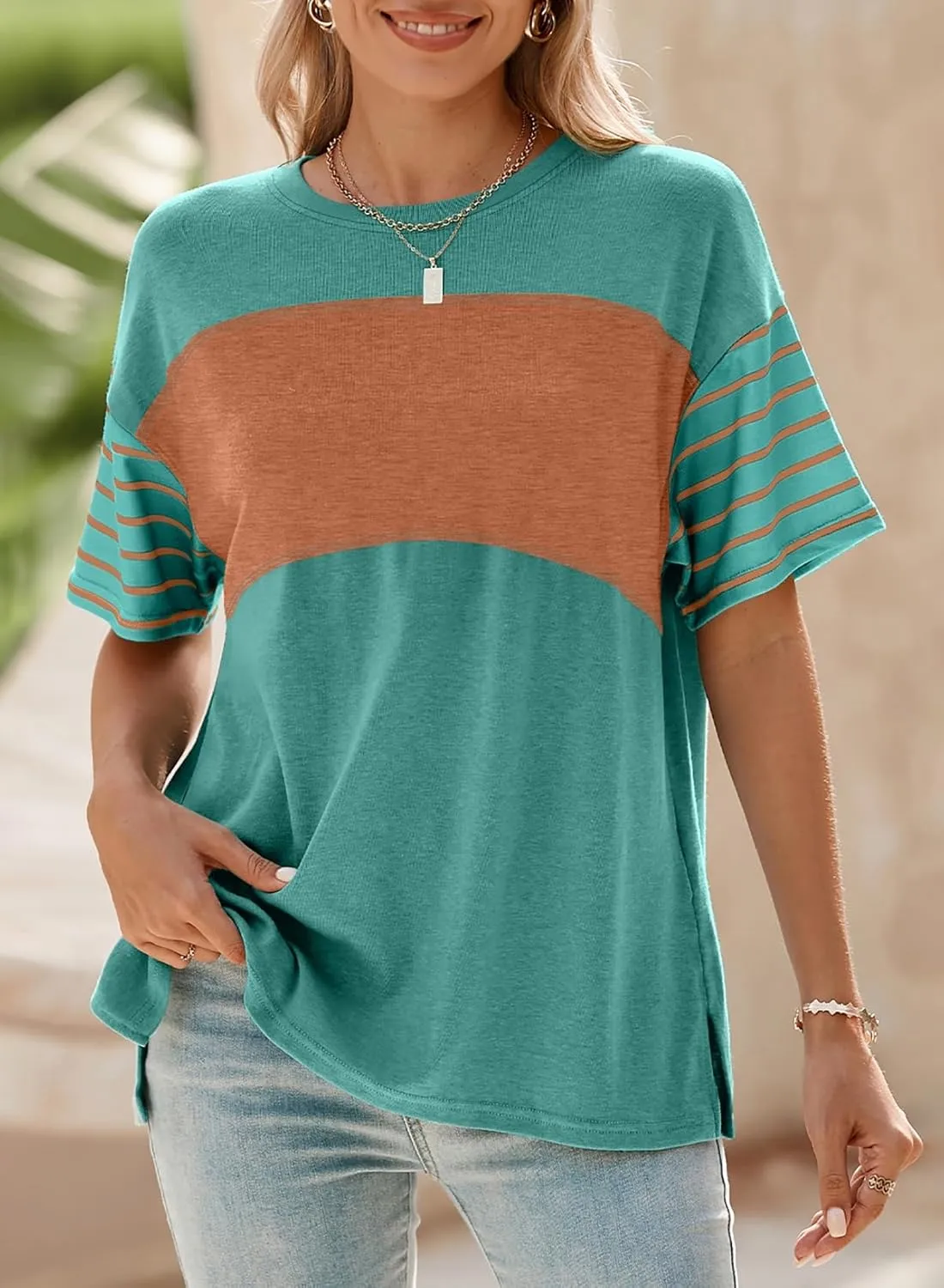 Dokotoo Summer Tops Trendy Oversized 2025 Crewneck Casual Color Block Striped Womens Shirts Blouses