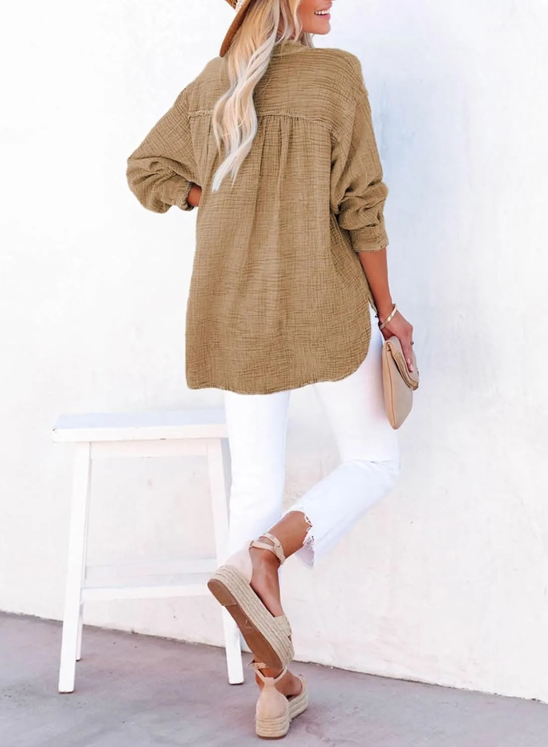 Dokotoo Womens Casual Button V Neck Long Sleeve Shirts Oversized Solid Blouses Tops