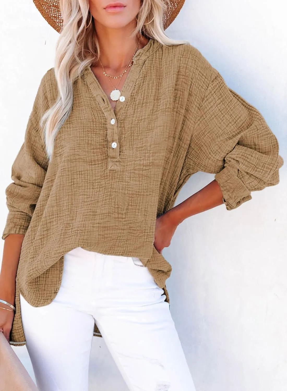 Dokotoo Womens Casual Button V Neck Long Sleeve Shirts Oversized Solid Blouses Tops