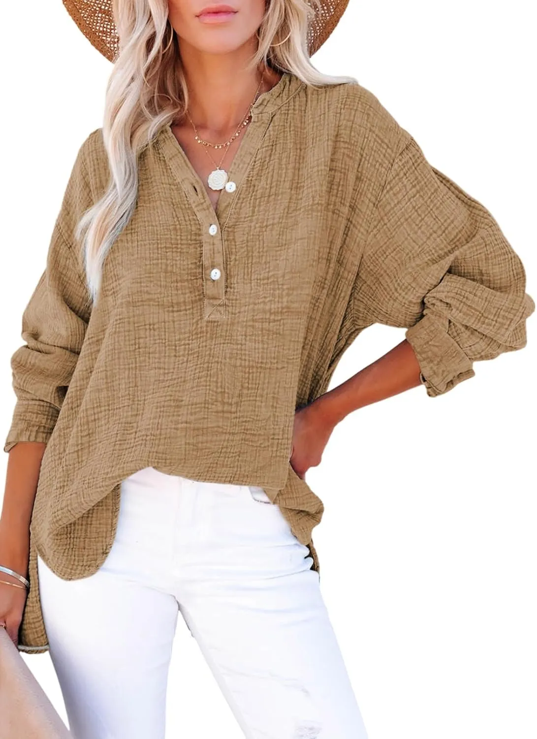 Dokotoo Womens Casual Button V Neck Long Sleeve Shirts Oversized Solid Blouses Tops