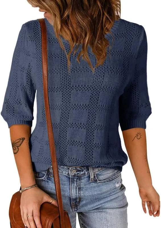 Dokotoo Women's Casual Short Sleeve Loose Tunic Tops Lightweight Crochet Knit Summer Sweaters Blouses