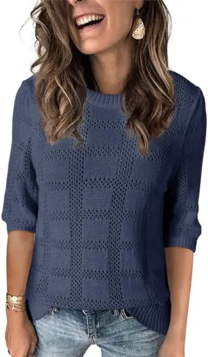 Dokotoo Women's Casual Short Sleeve Loose Tunic Tops Lightweight Crochet Knit Summer Sweaters Blouses