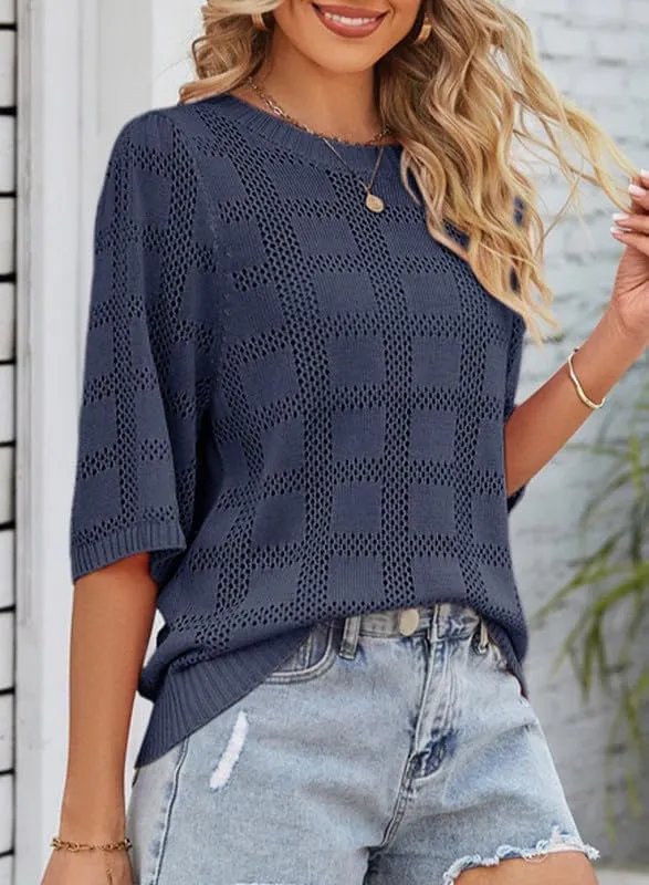 Dokotoo Women's Casual Short Sleeve Loose Tunic Tops Lightweight Crochet Knit Summer Sweaters Blouses