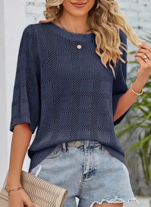 Dokotoo Women's Casual Short Sleeve Loose Tunic Tops Lightweight Crochet Knit Summer Sweaters Blouses