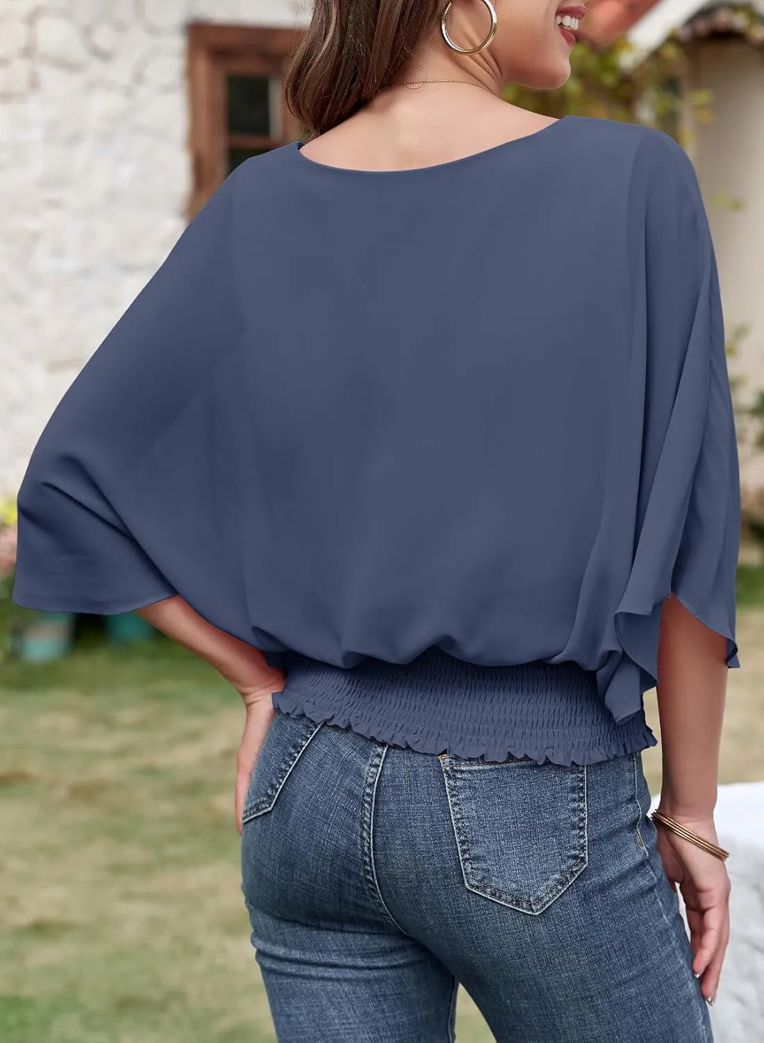 Dokotoo Womens Tops Dressy Casual 3/4 Sleeve Tops Crewneck Business Casual Chiffon Blouses