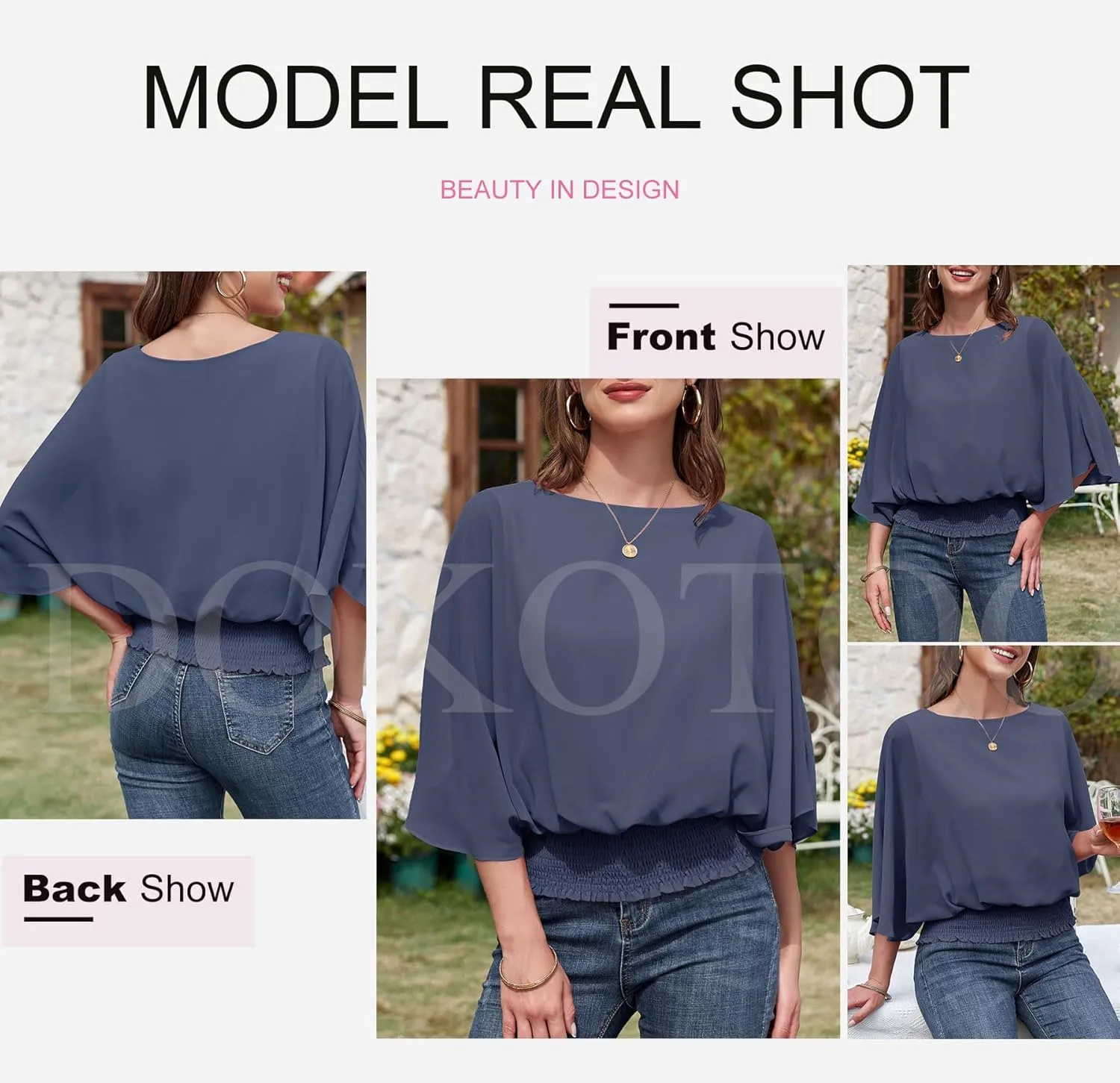 Dokotoo Womens Tops Dressy Casual 3/4 Sleeve Tops Crewneck Business Casual Chiffon Blouses