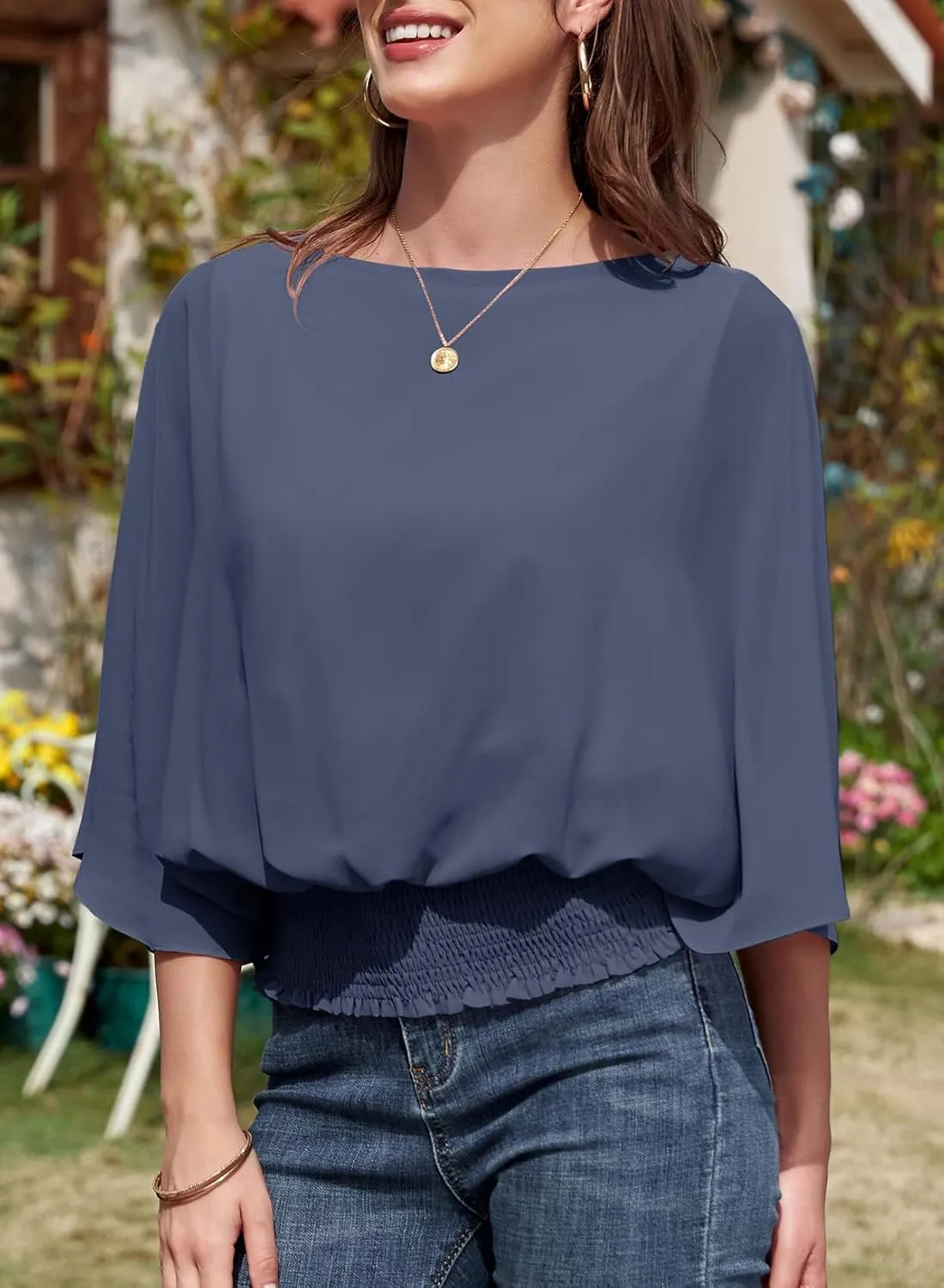 Dokotoo Womens Tops Dressy Casual 3/4 Sleeve Tops Crewneck Business Casual Chiffon Blouses