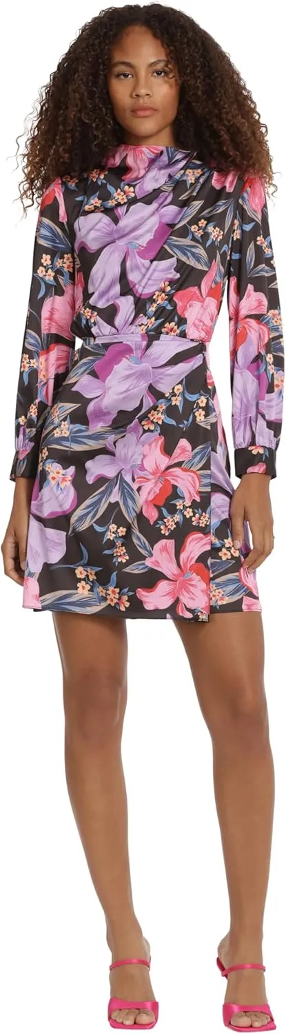 Donna Morgan Women's High Asymmetric Neck Long Sleeve Mini Dress