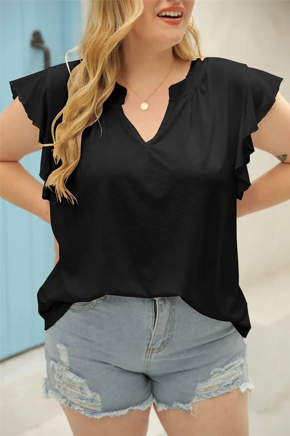 Ebifin Womens Plus Size Tank Tops V Neck Ruffle Sleeve Summer Casual Loose Blouses Tee Shirts