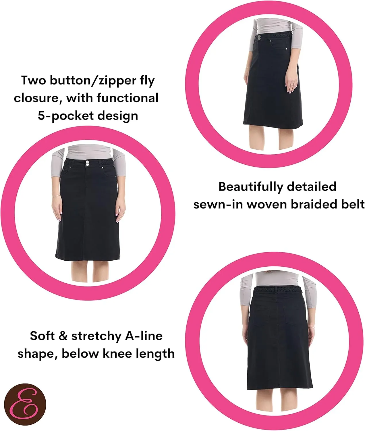 ESTEEZ Knee Length Flary A-Line Stretch Denim Jean Skirt for Women with Pockets - Sydney