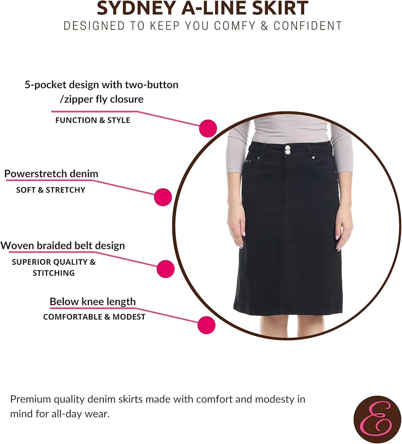 ESTEEZ Knee Length Flary A-Line Stretch Denim Jean Skirt for Women with Pockets - Sydney