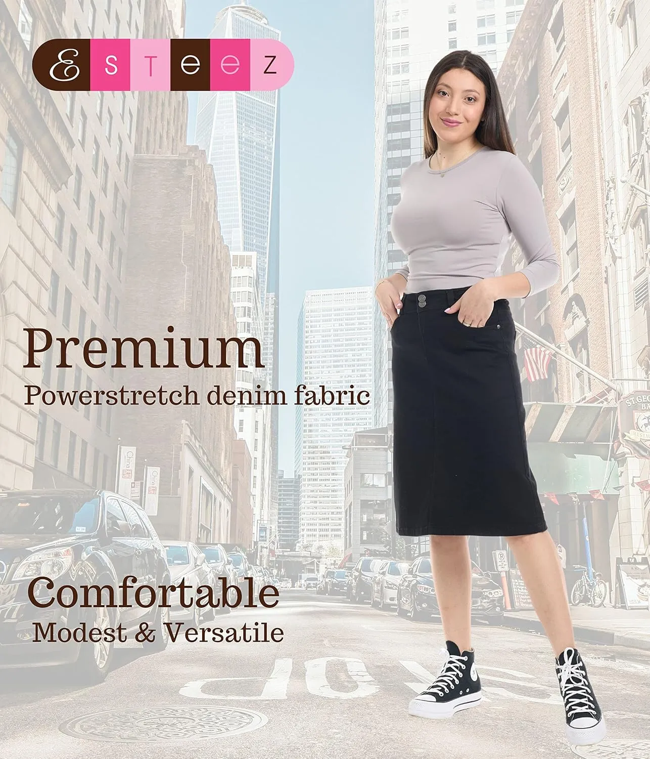 ESTEEZ Knee Length Flary A-Line Stretch Denim Jean Skirt for Women with Pockets - Sydney