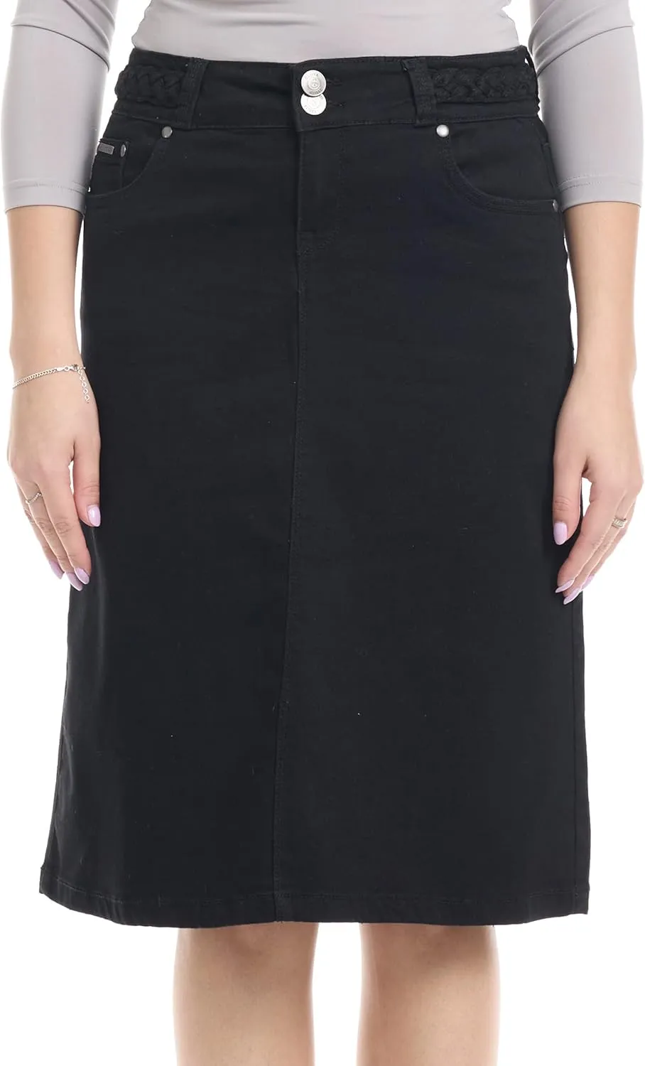 ESTEEZ Knee Length Flary A-Line Stretch Denim Jean Skirt for Women with Pockets - Sydney