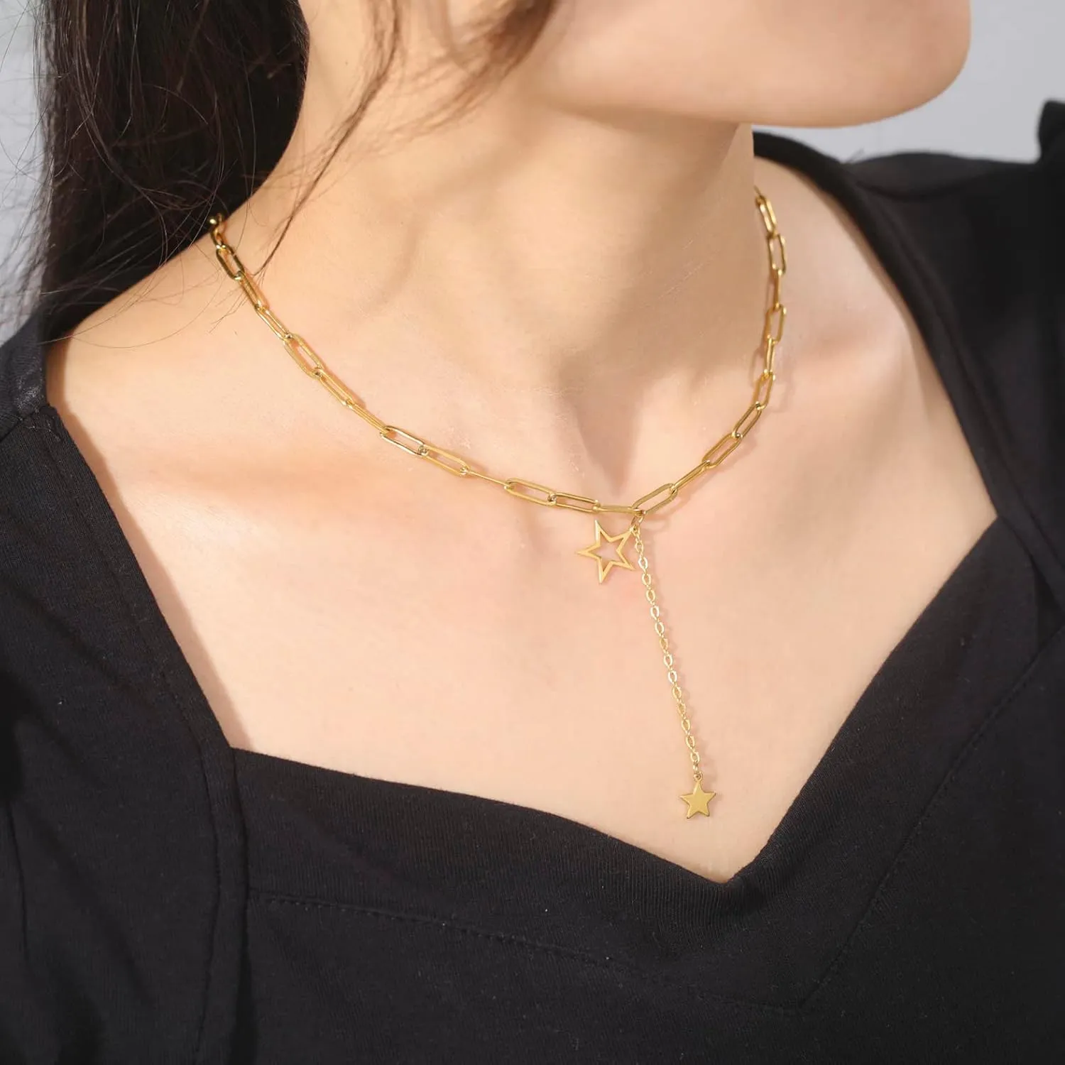 EUEAVAN Exquisite Pentagram Star Pendant Necklace Y Choker Minimalist Elegant Paperclip Chain Charm Jewelry Women Girlfriend