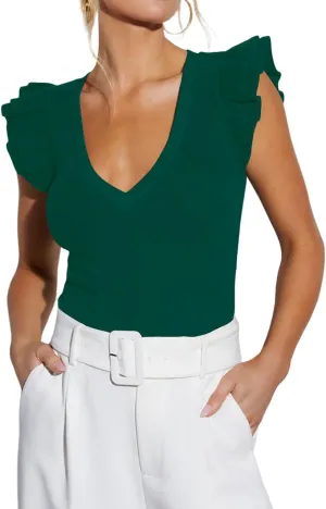 Ezbelle Women's Summer Sleeveless Tops V Neck Ruffle Shirts Ribbed Knit Tank Top Sexy Blouse Ladies Clothes 2025