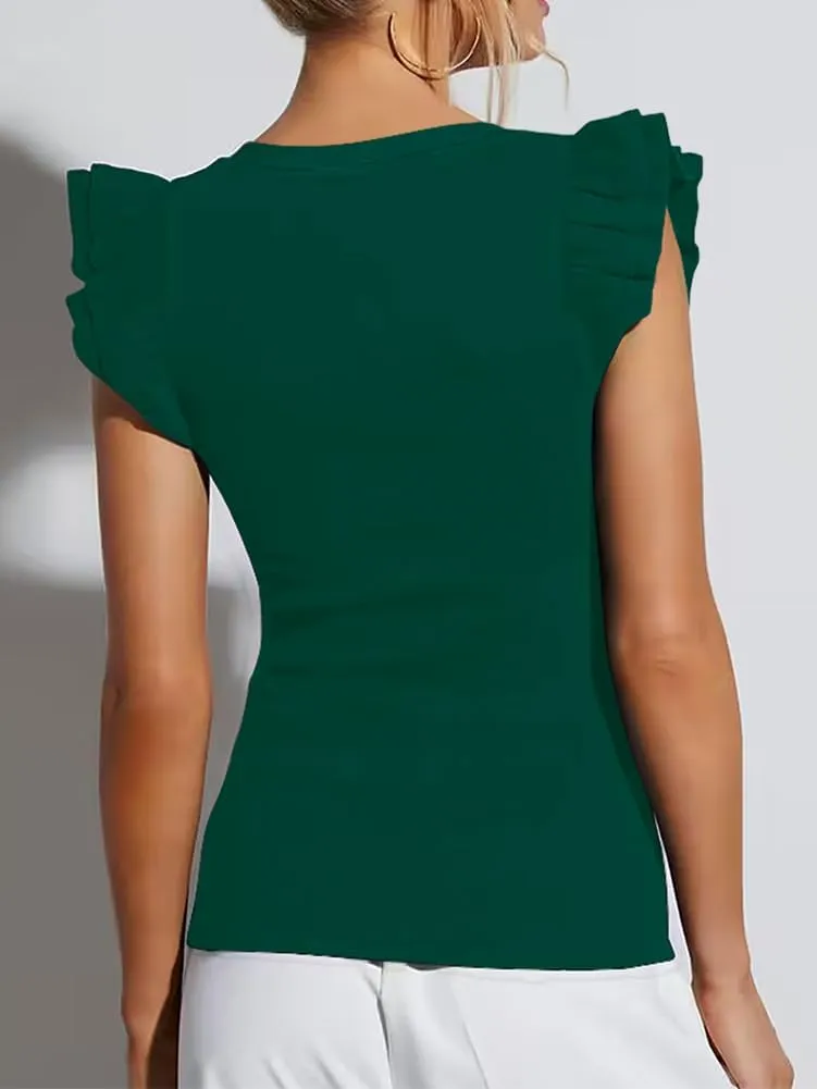 Ezbelle Women's Summer Sleeveless Tops V Neck Ruffle Shirts Ribbed Knit Tank Top Sexy Blouse Ladies Clothes 2025