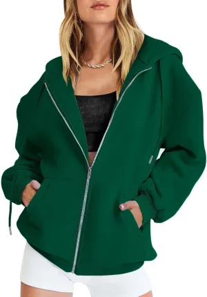 Fall Hoodies Jackets for Women Oversized Preppy Full Zip Up Drawstring Hooded Coats Fashion Solid Color Chunky Hoodie